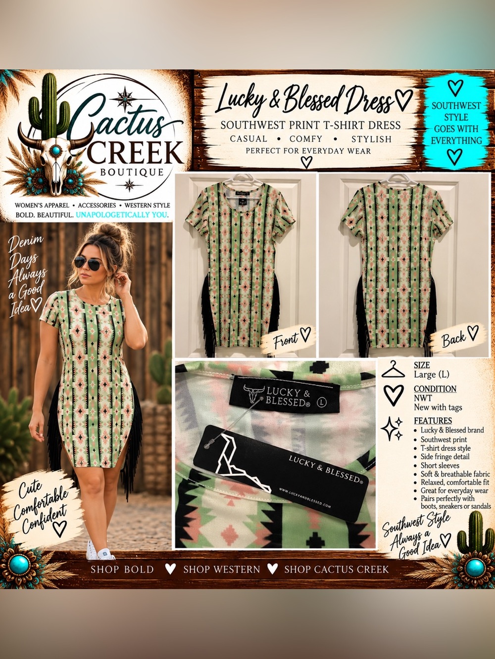 Lucky & Blessed Mint Green Aztec Midi Dress with Black Fringe - Size L - NWT